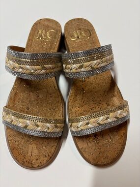 JLO Jennifer Lopez Cork Slide Sandals Rhinestones Braided Size 7.5 Tan Women